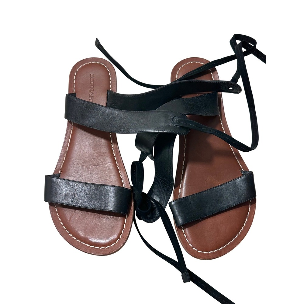 Bernardo Womens‎ Black Leather Ankle Wrap Lace Up Flat Sandals Size 9M